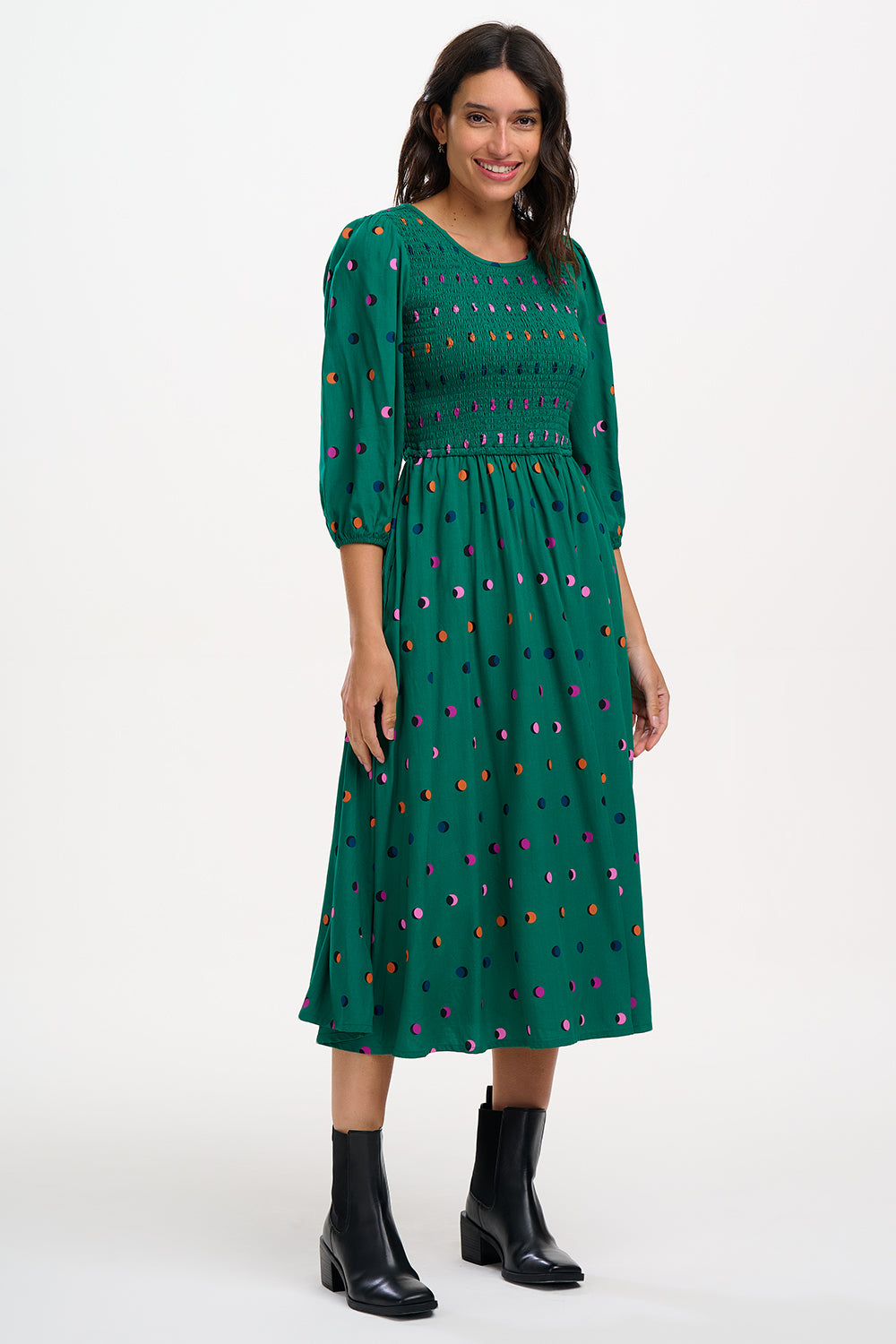 Gretel Midi Shirred Dress Green Rainbow Shadow Polka