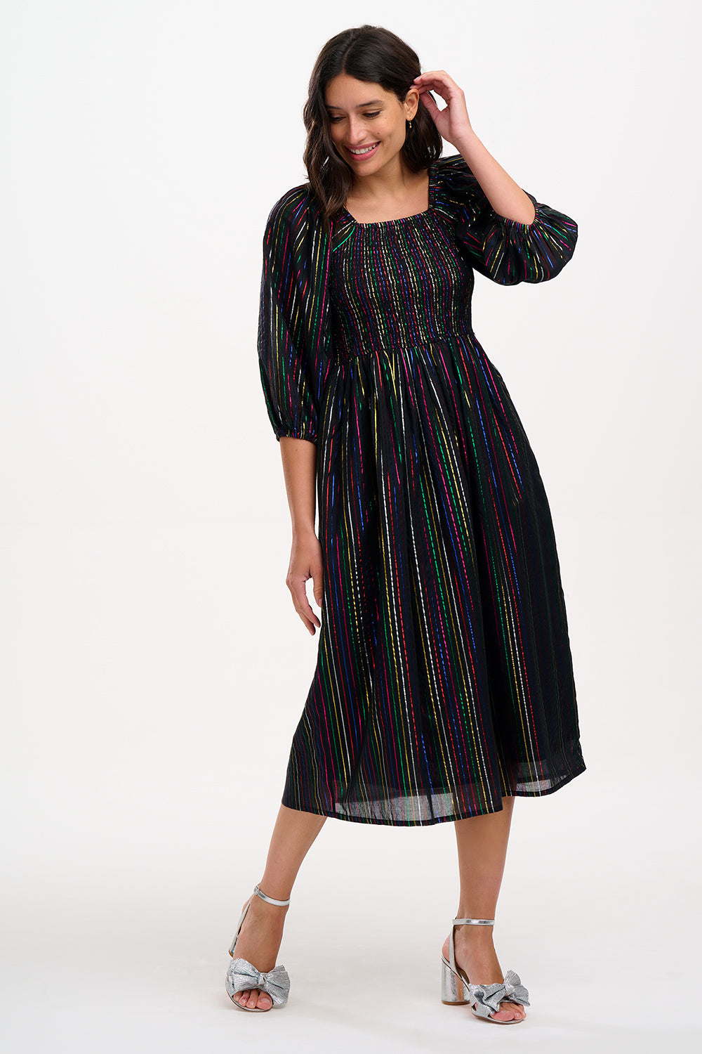 Lillian Midi Shirred Dress Black Metallic Rainbow Stripe