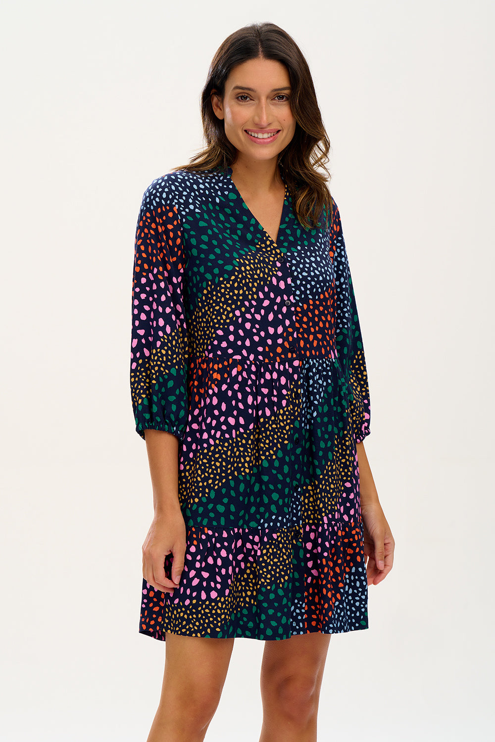 Everly Smock Dress Navy Multi Painterly Spot Stripe